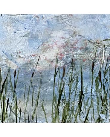 At the river, acrylic on panel, nature colors, water reeds