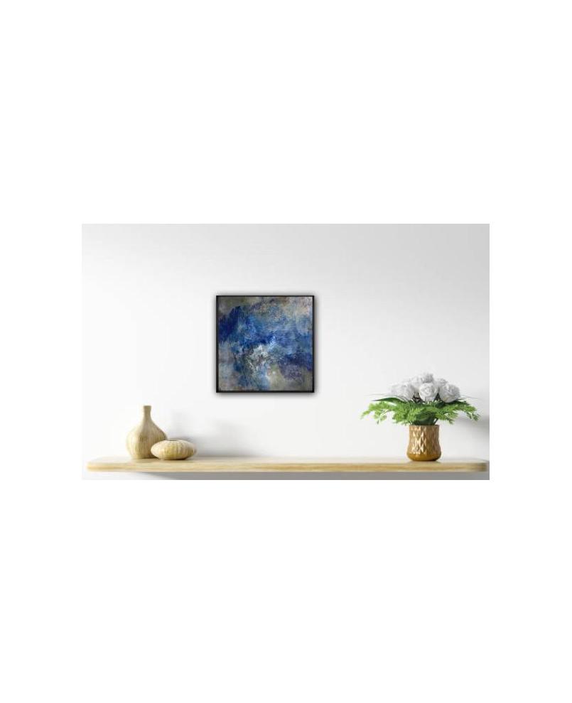 Nebulous waters, blue, neutral, nature, original art, Acrylic on panel, framed